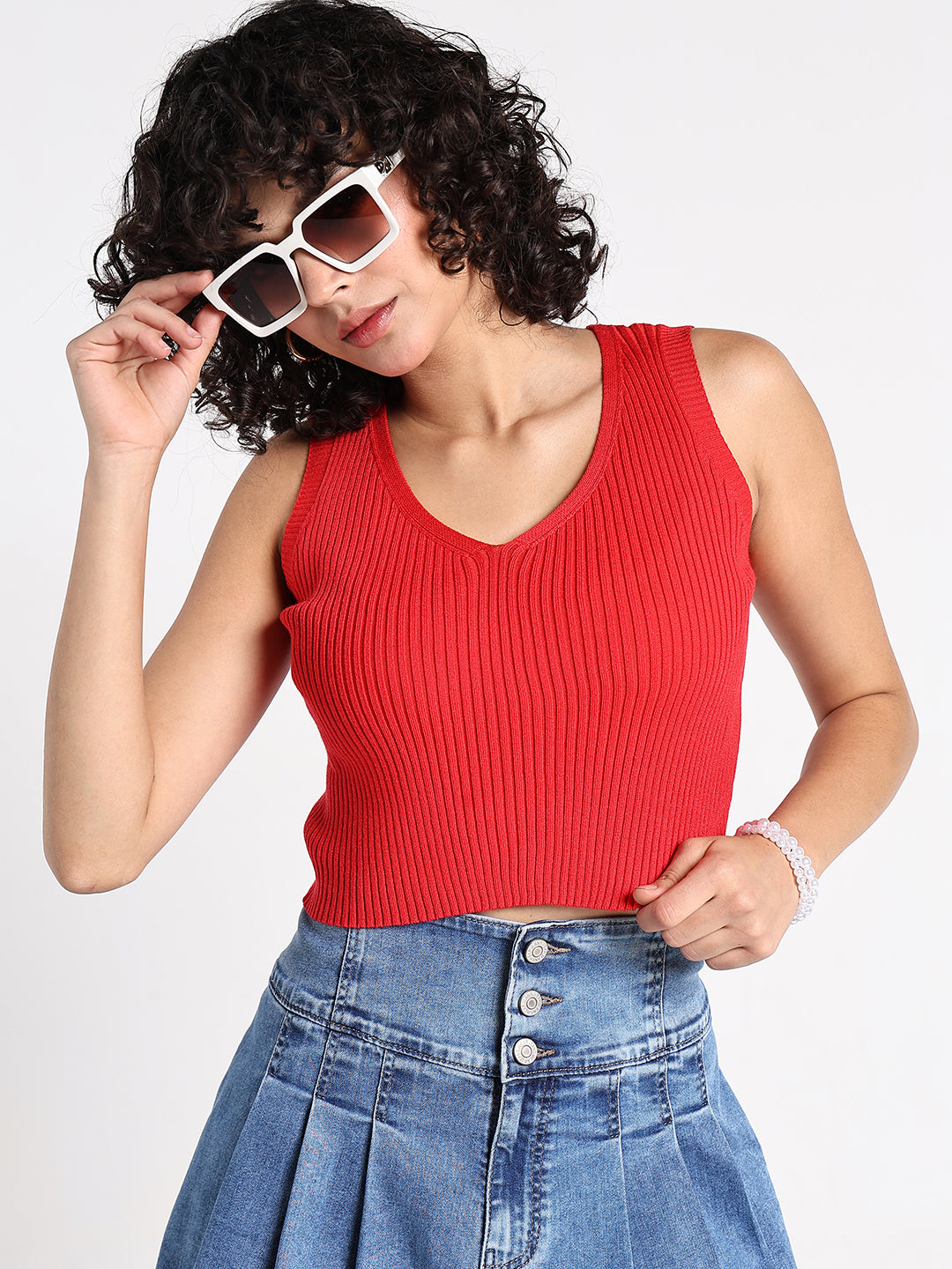 Women's Red Ribbed V-Neck Sleeveless Crop Top