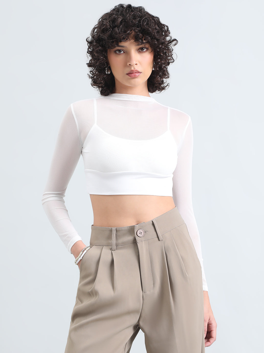 Women's White Mesh Full Sleeve Crop Top with Inner