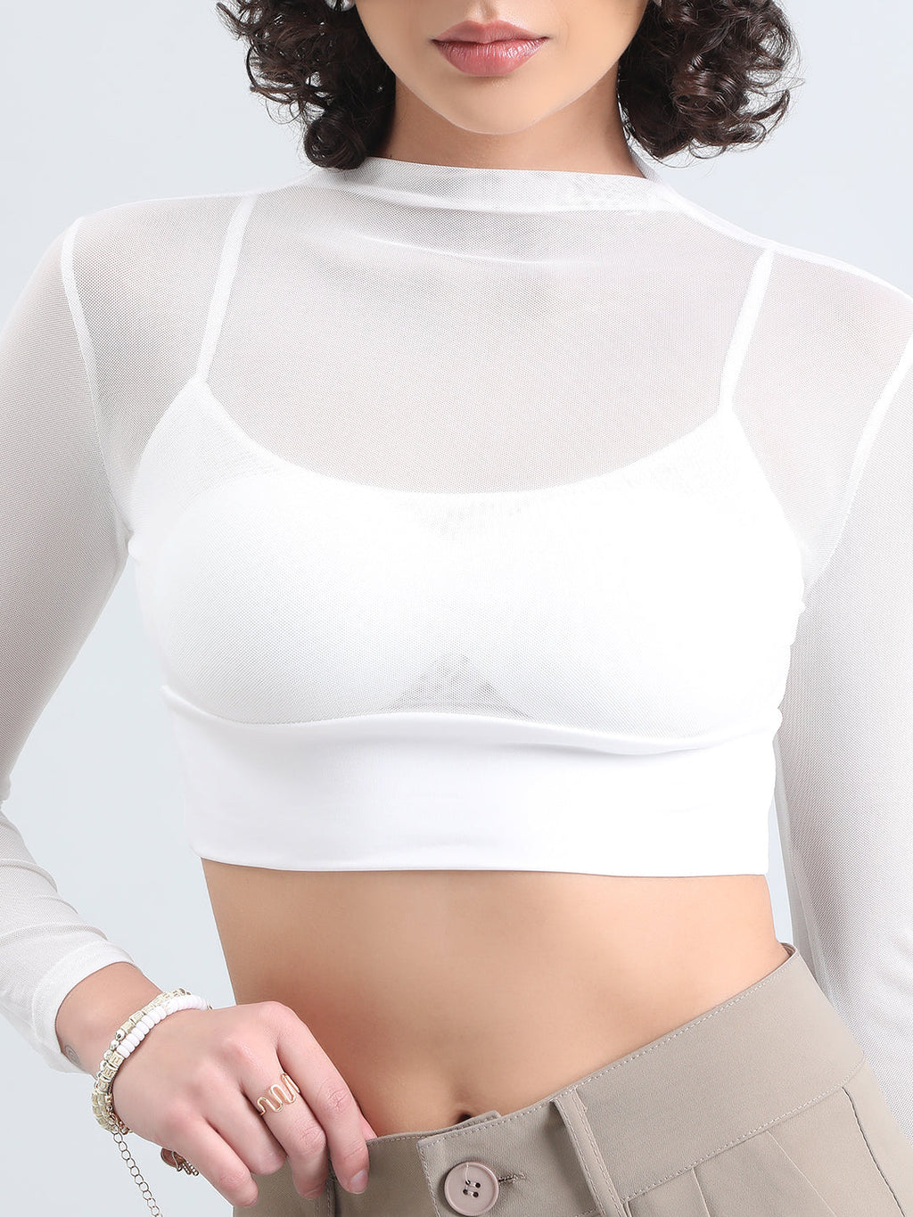 Women's White Mesh Full Sleeve Crop Top with Inner