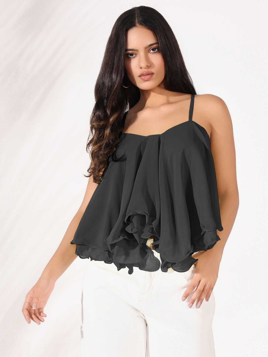 Women's Solid Black Shoulder Strap A Line Top