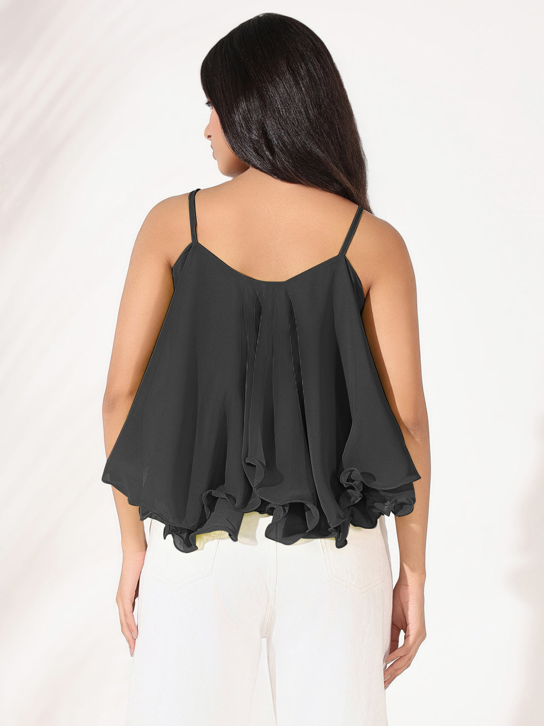 Women's Solid Black Shoulder Strap A Line Top
