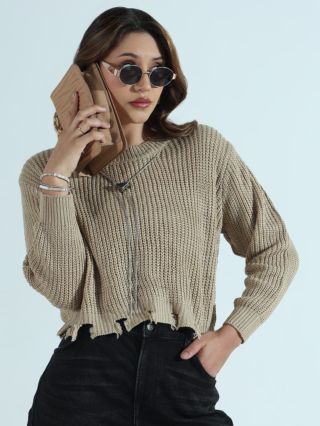 Women's Beige Distressed Sweater Top with Neck Chain