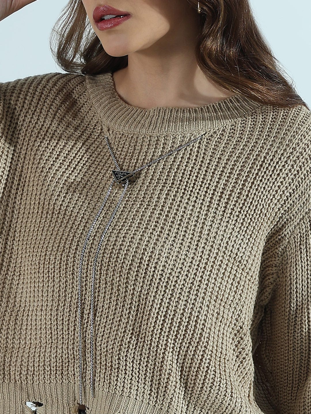 Women's Beige Distressed Sweater Top with Neck Chain