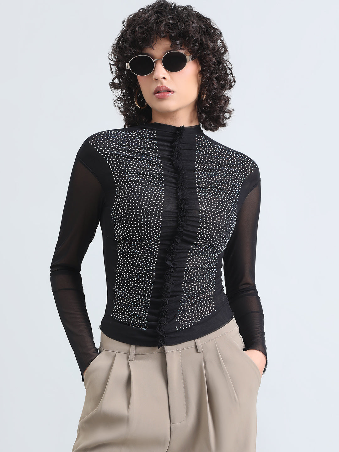 Women's Embellished Black Sheer Ruffle Mesh Top