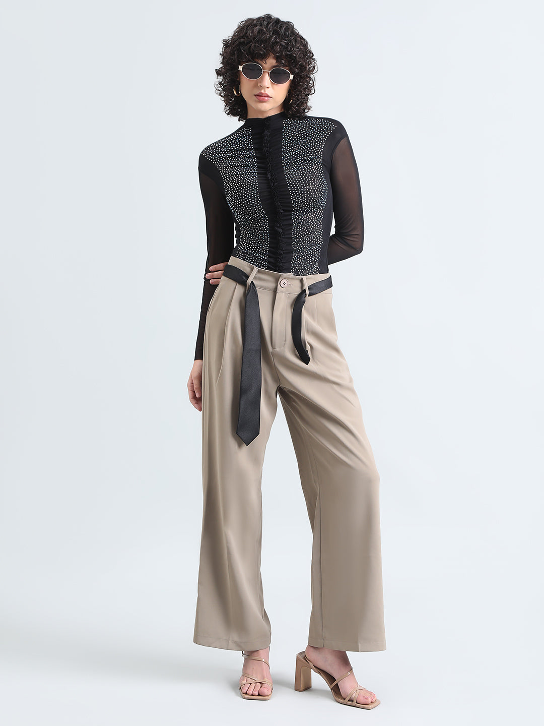 Women's Embellished Black Sheer Ruffle Mesh Top