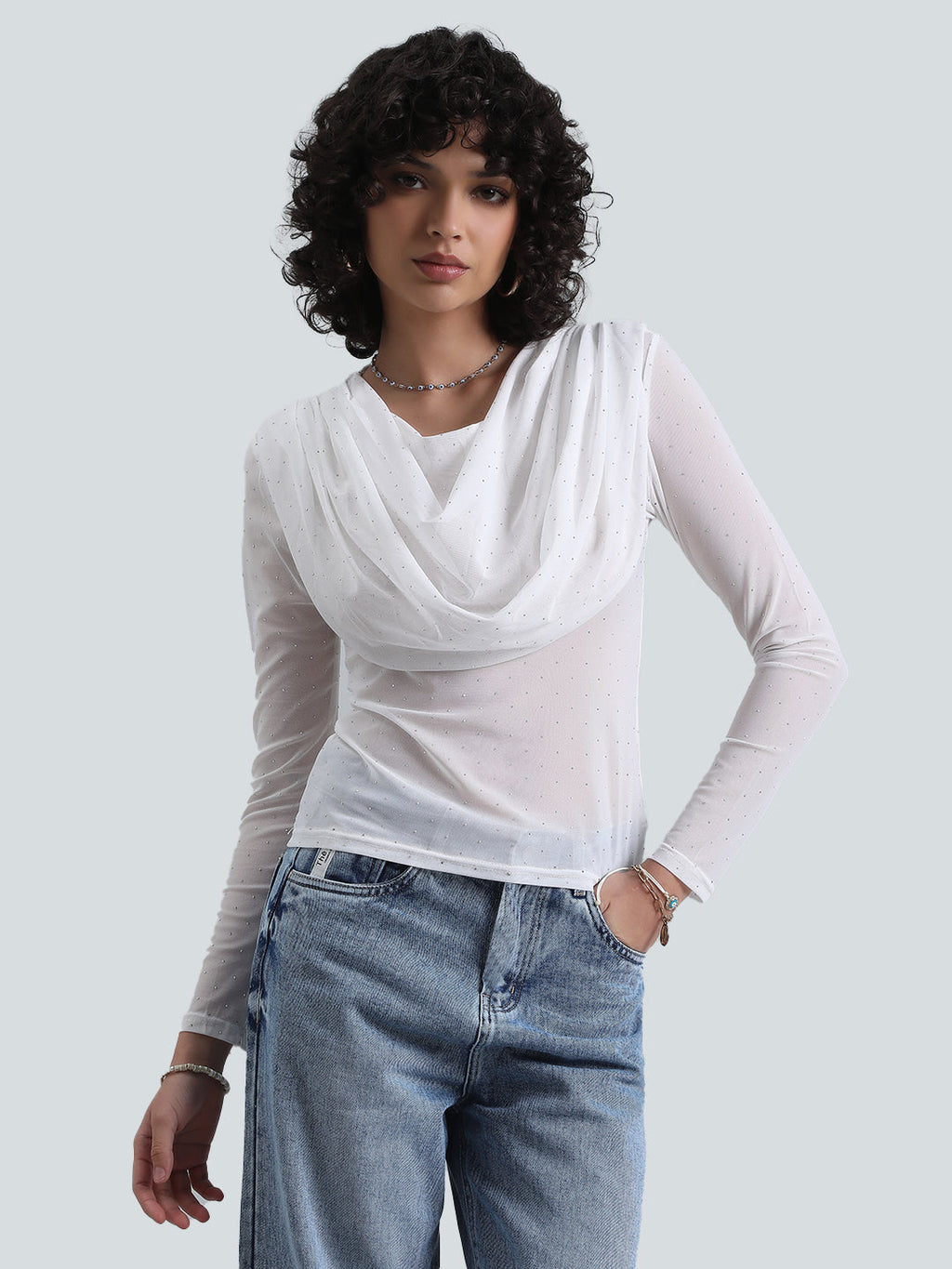 Women's White Sheer Draped Neck Mesh Full Sleeve Top