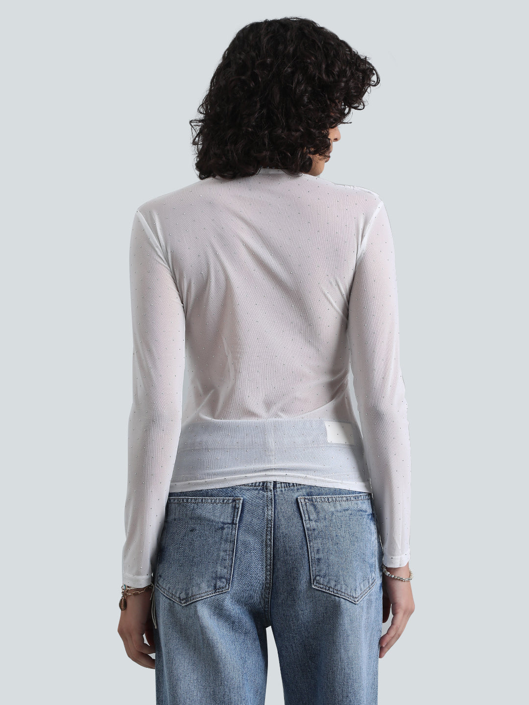 Women's White Sheer Draped Neck Mesh Full Sleeve Top