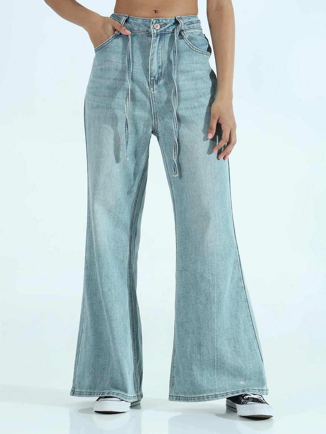 Women's Blue Wide-Leg Flare Jeans with Drawstring