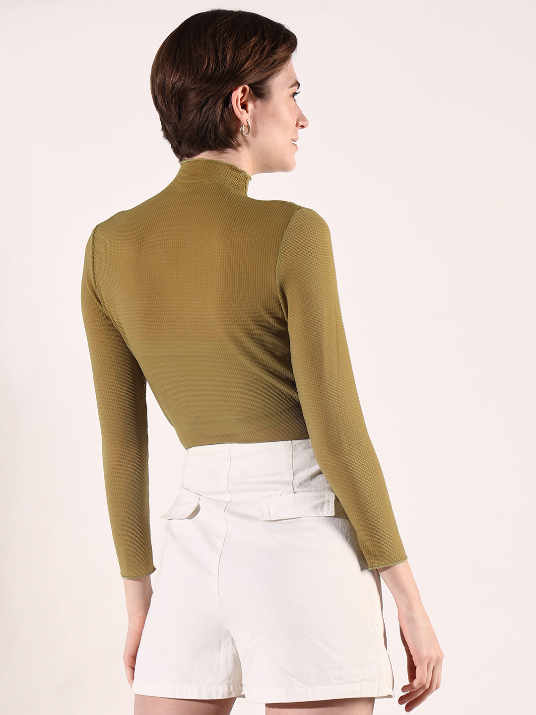 Women's Olive High Neck Long Sleeves Top