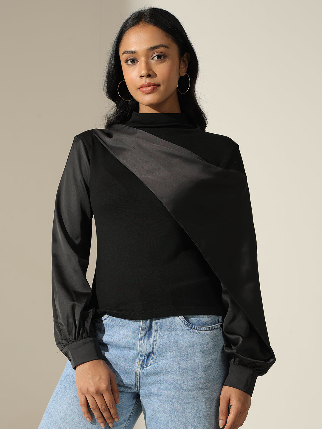 Women's Satin-Panel Black Mock-Neck Top with Balloon Sleeves