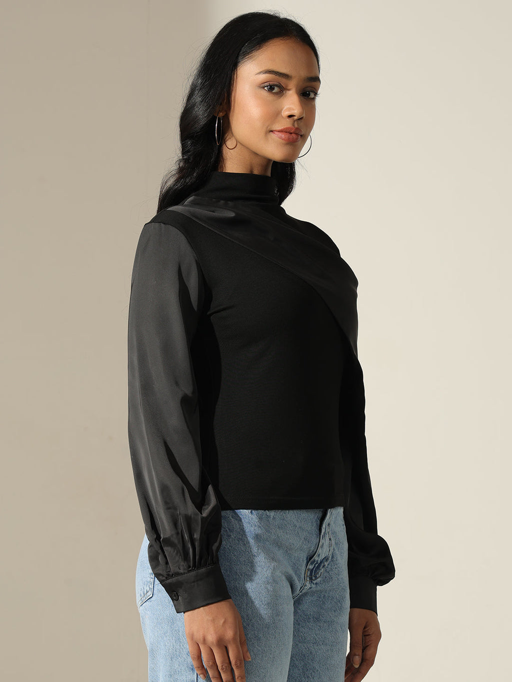 Women's Satin-Panel Black Mock-Neck Top with Balloon Sleeves