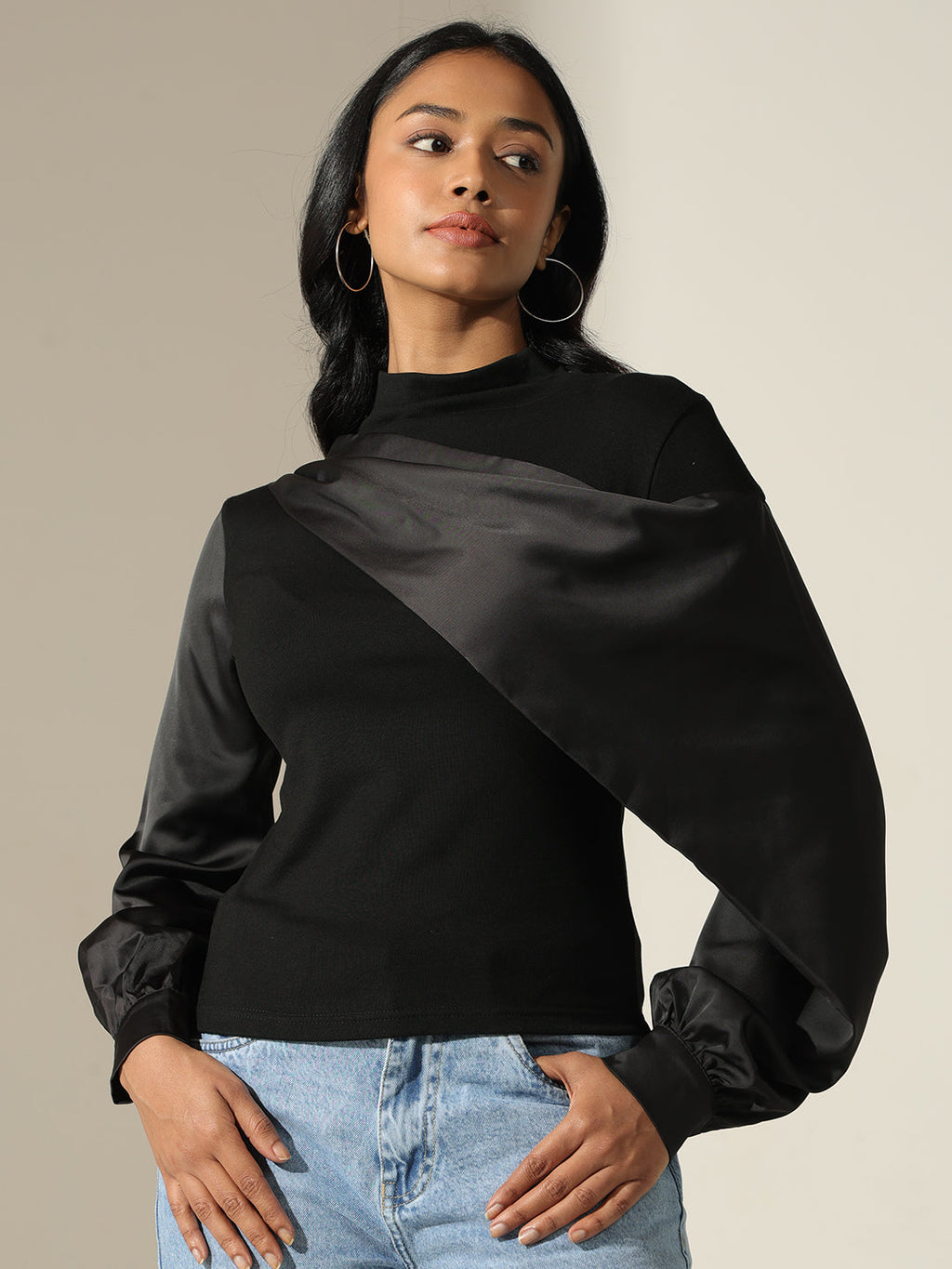Women's Satin-Panel Black Mock-Neck Top with Balloon Sleeves