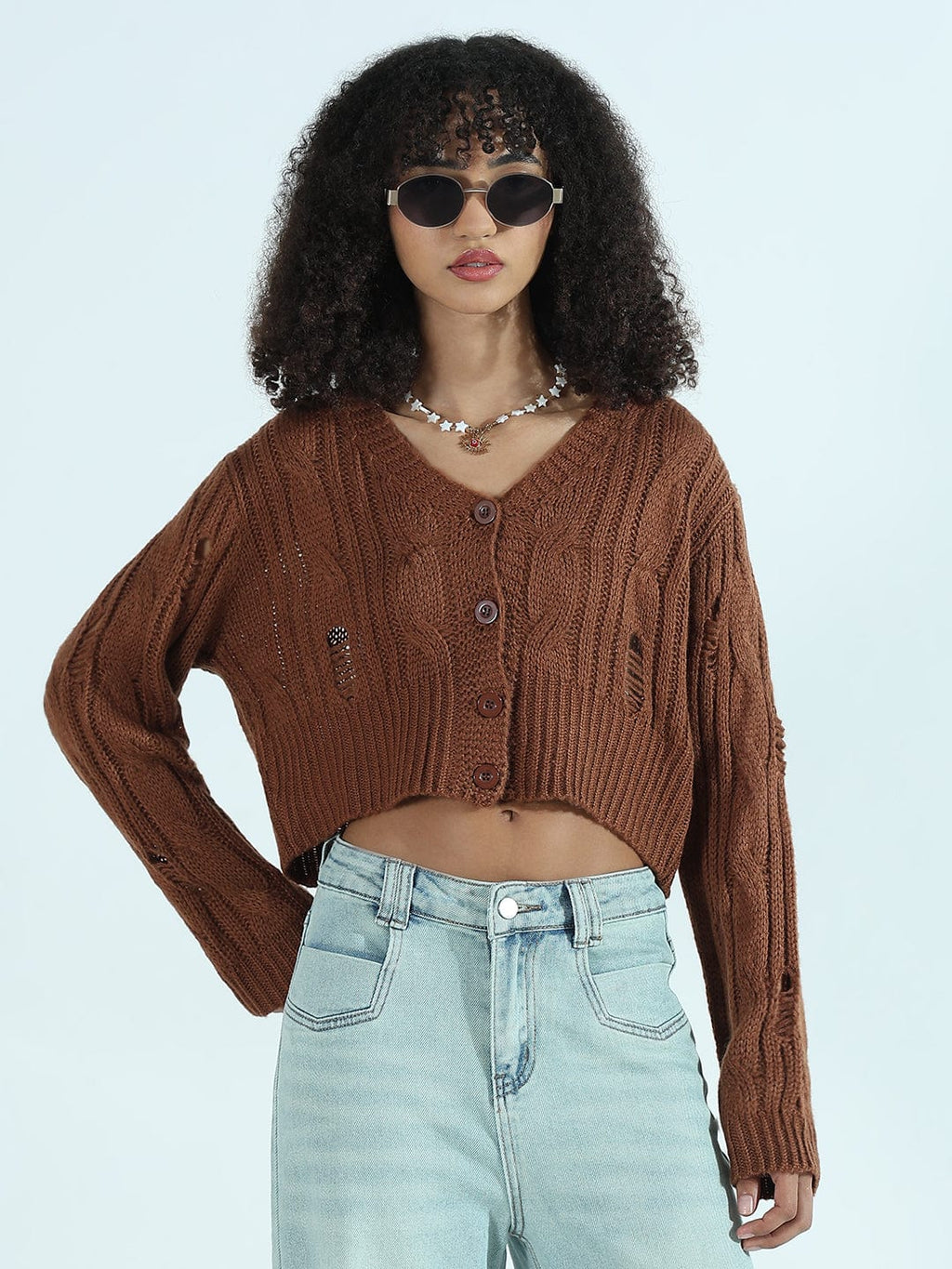 Women's Distressed Brown Cropped Sweater Top