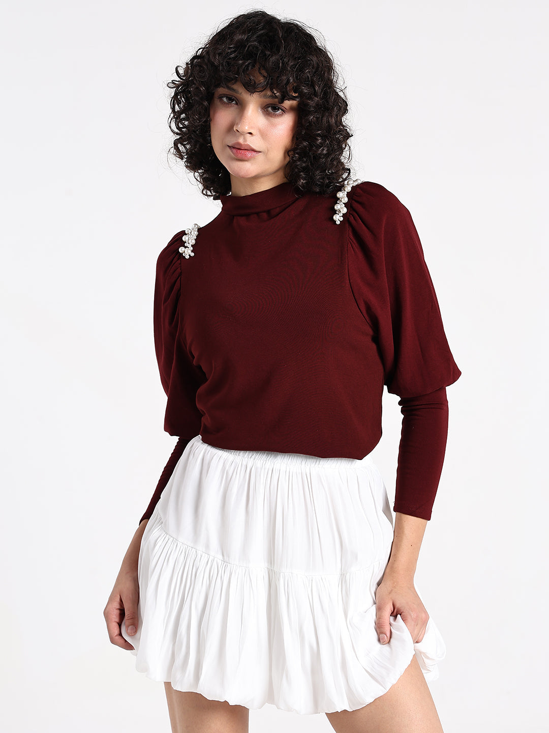 Women’s Maroon High Neck Top with Pearl Detail
