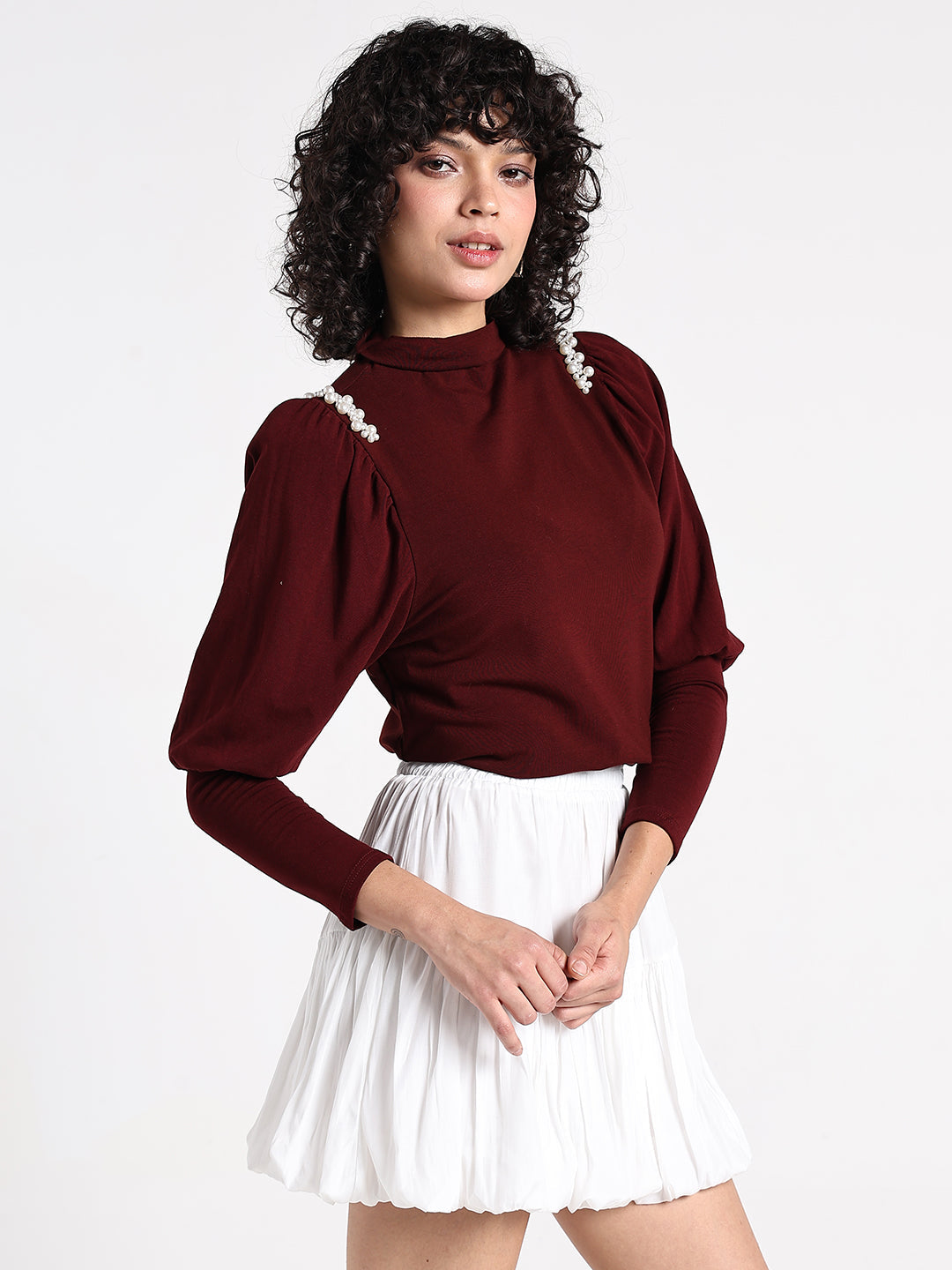 Women’s Maroon High Neck Top with Pearl Detail