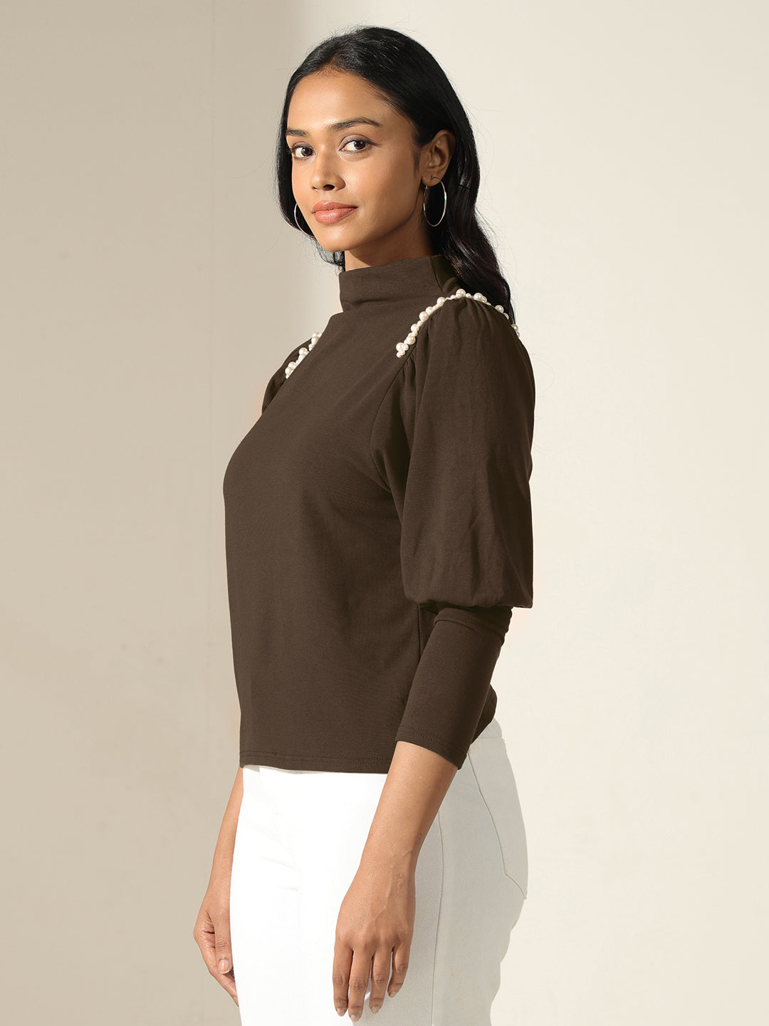Women's Olive Puff-Sleeve Mock-Neck Top with Pearl-Embellished Detail