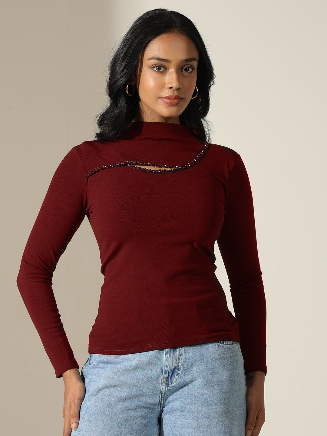 Women's Embellished-Cut-out Maroon High-Neck Top