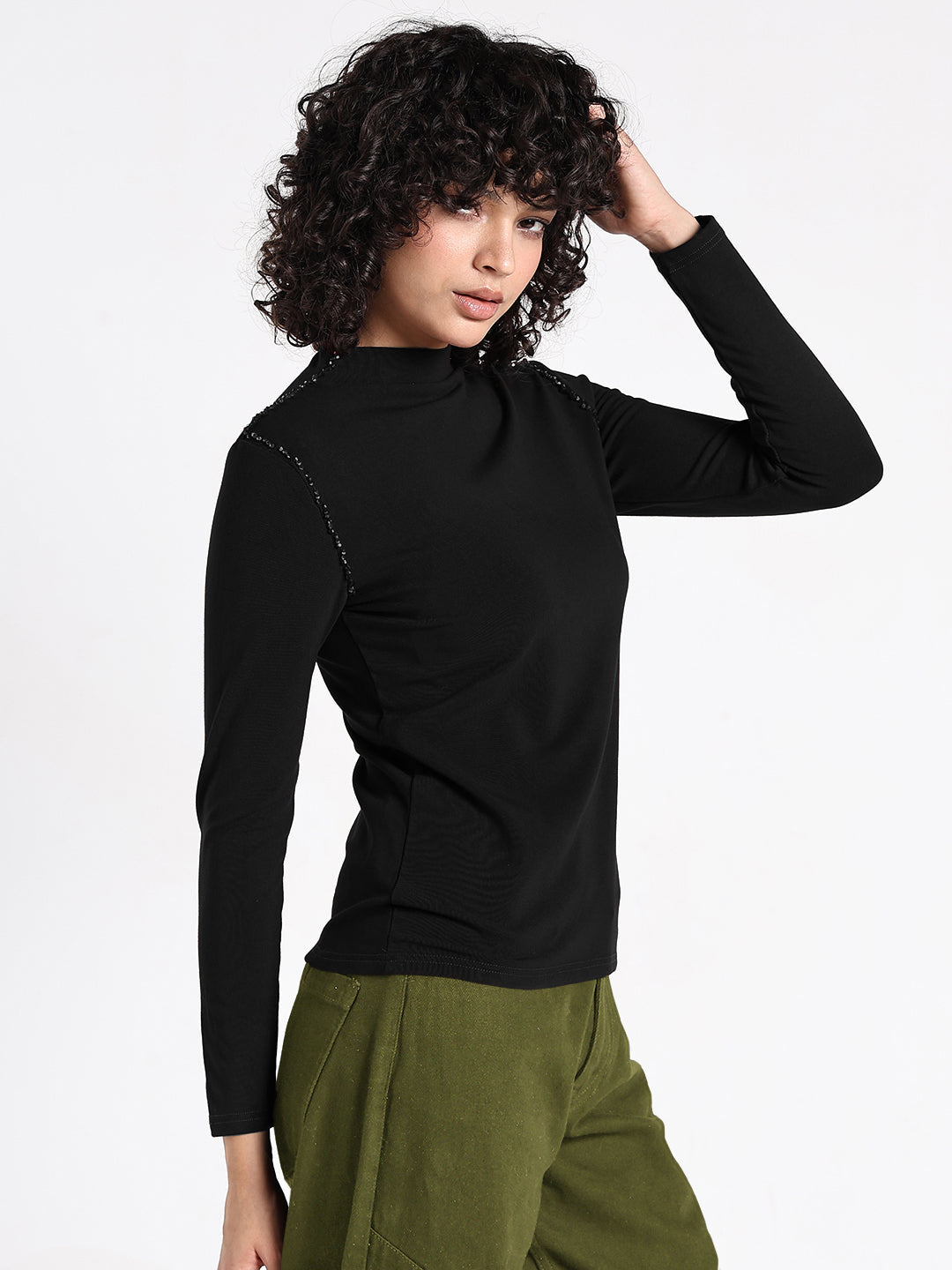 Women's Black Embellished High Neck Top