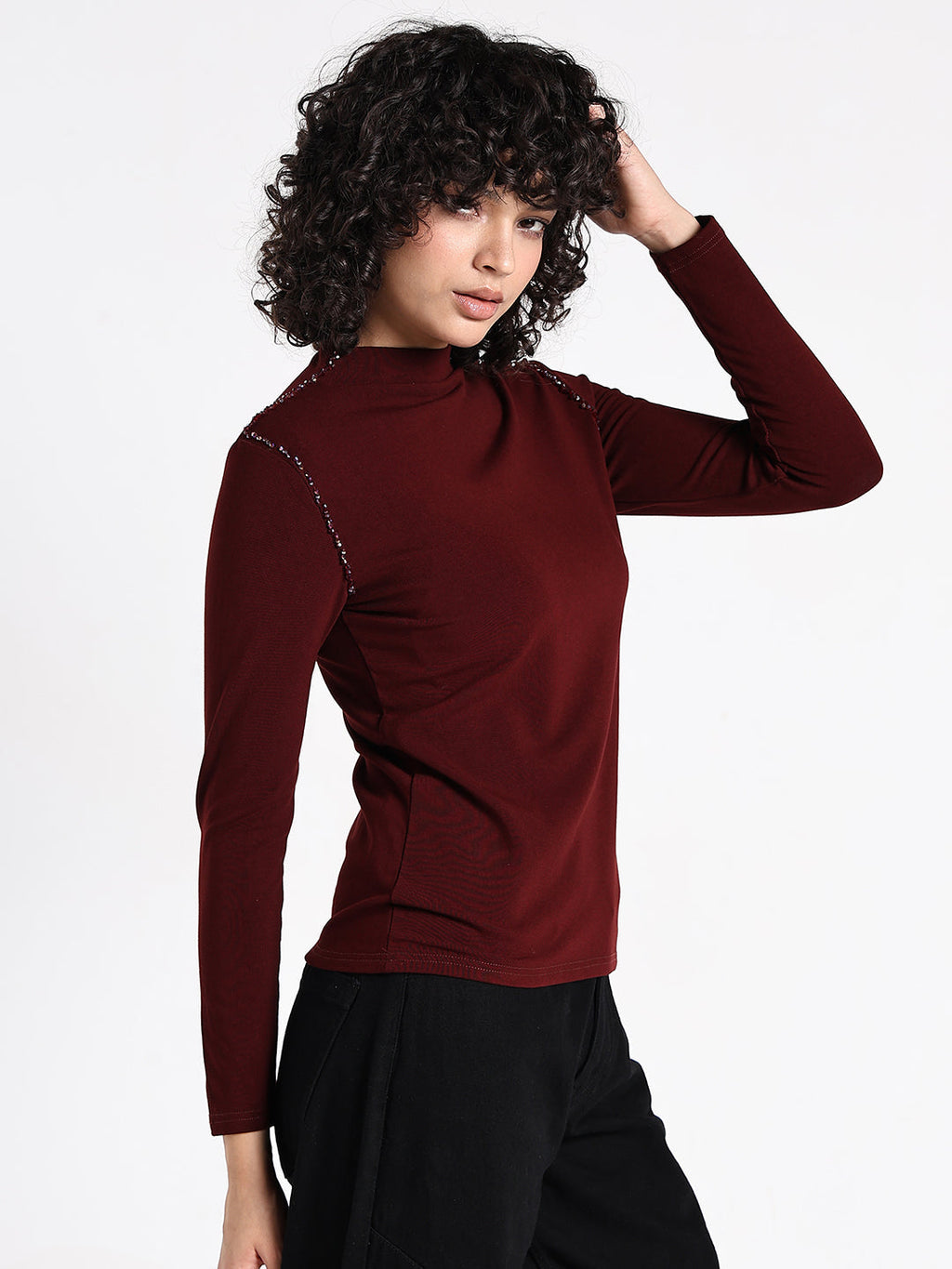 Women's Maroon Embellished High Neck Top