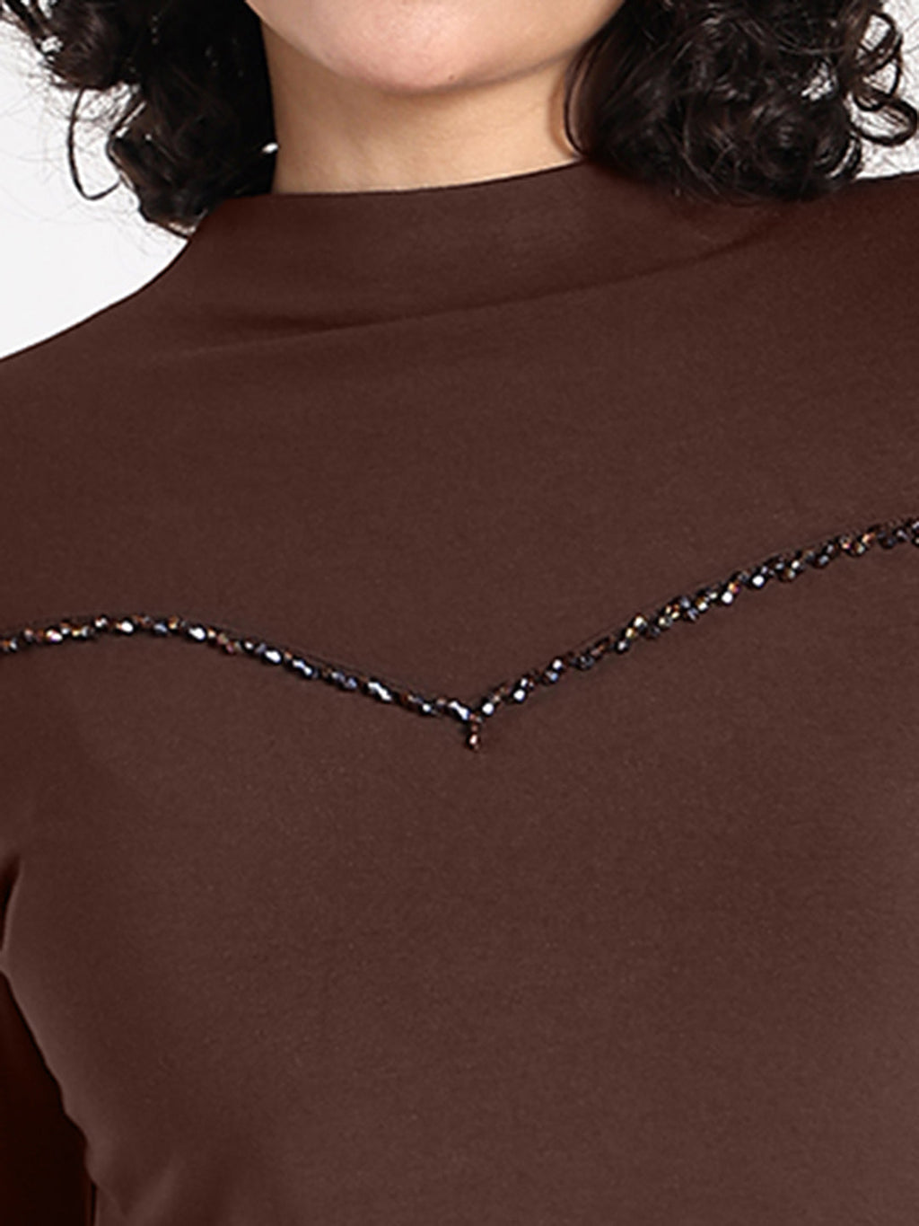 Women's Brown Embellished High Neck Top