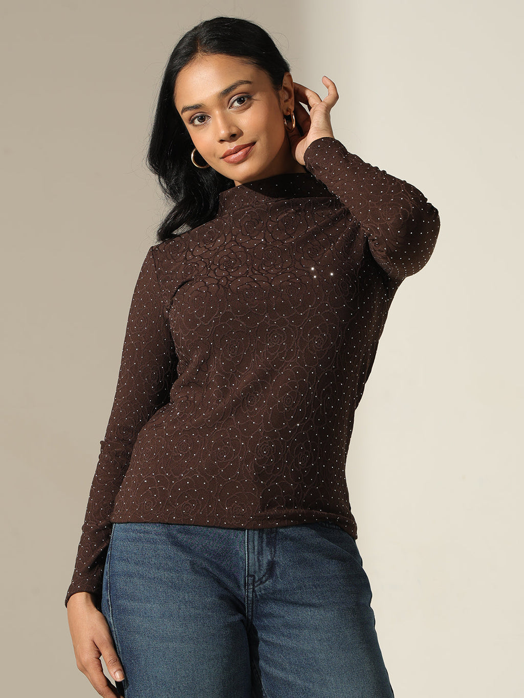Women's Textured Brown High-Neck Top