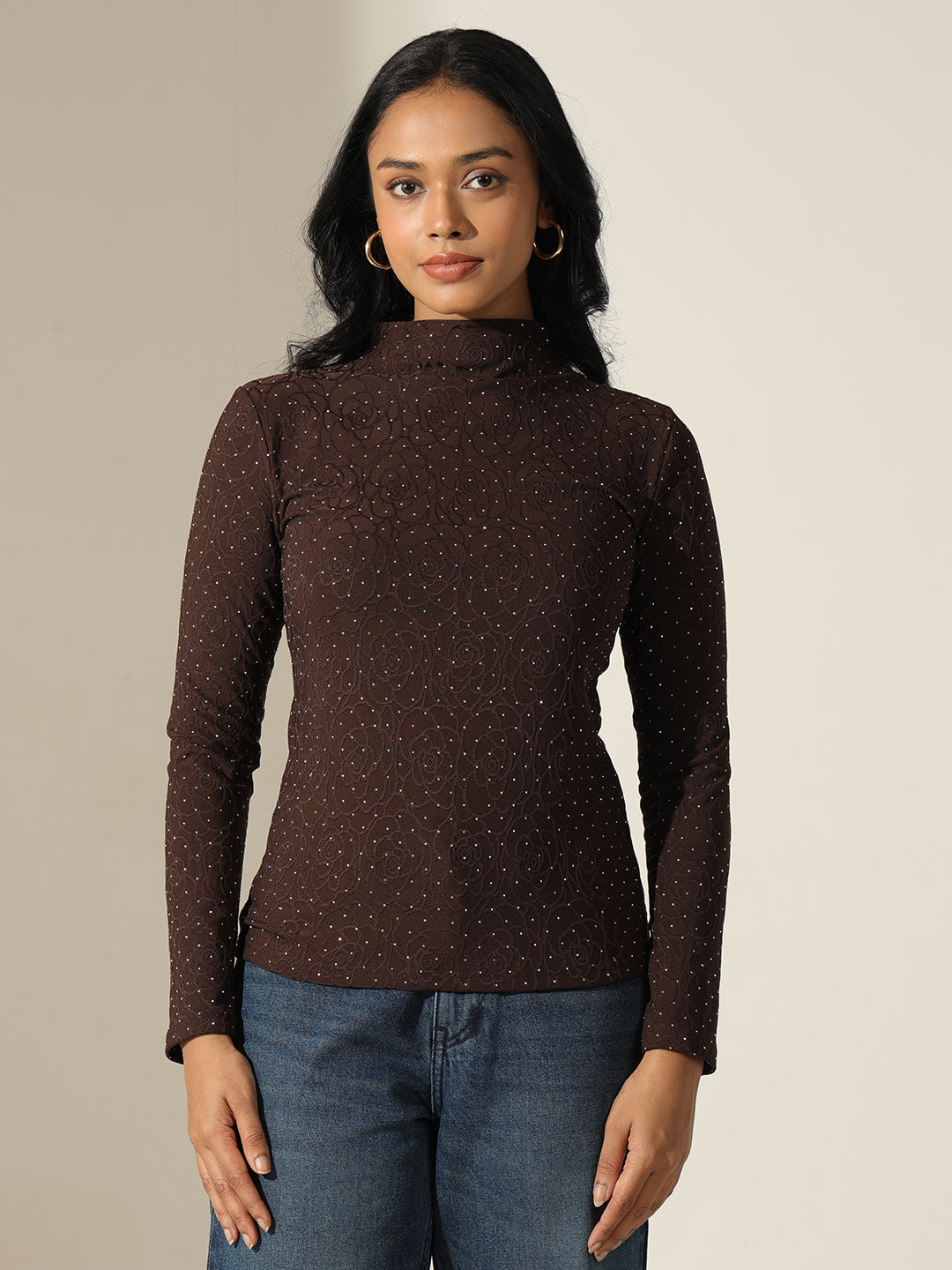 Women's Textured Brown High-Neck Top