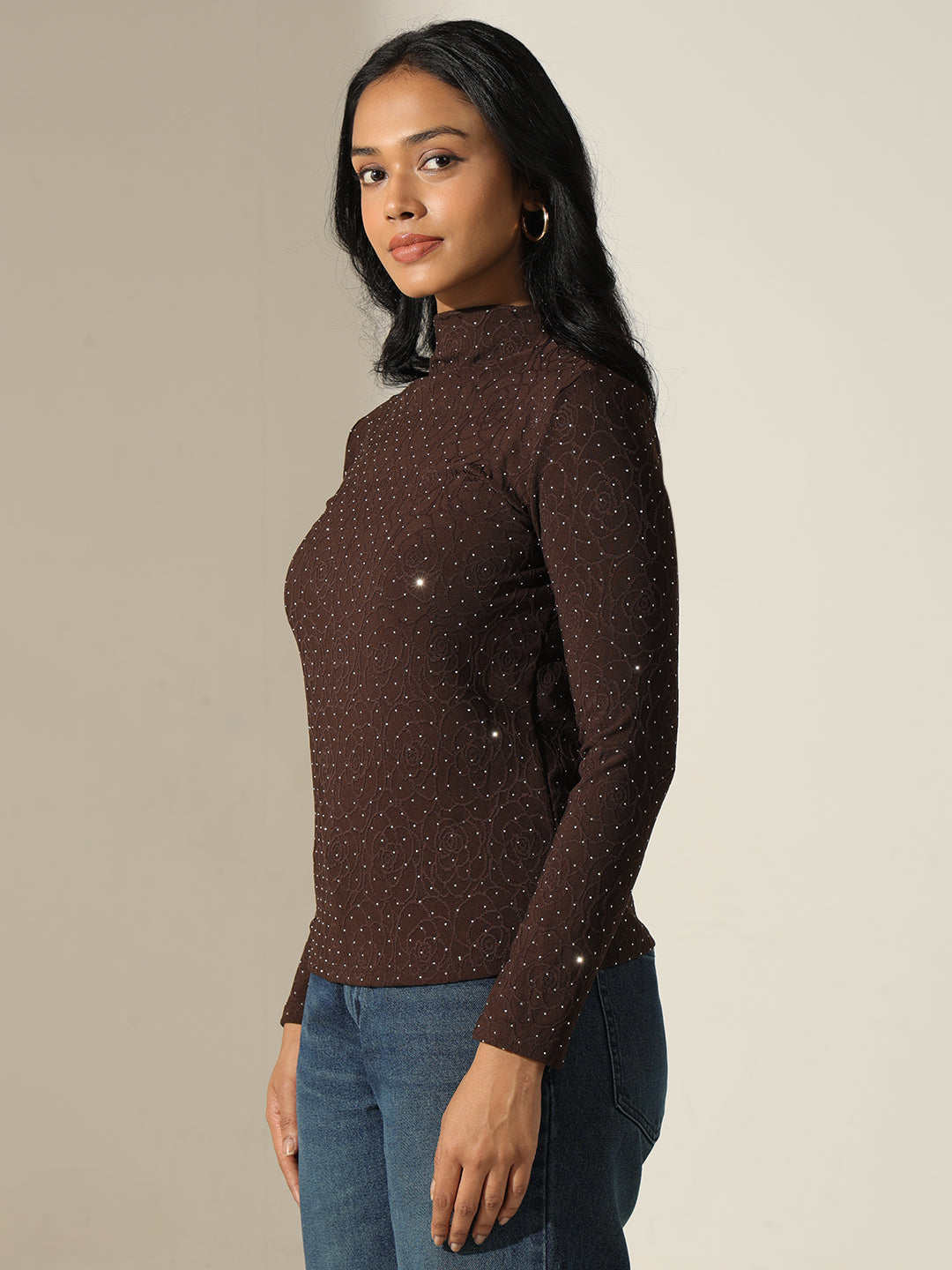 Women's Textured Brown High-Neck Top
