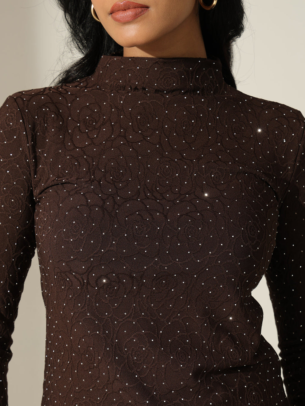 Women's Textured Brown High-Neck Top