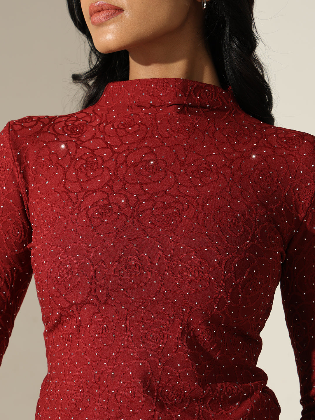Women's Textured Red High-Neck Top