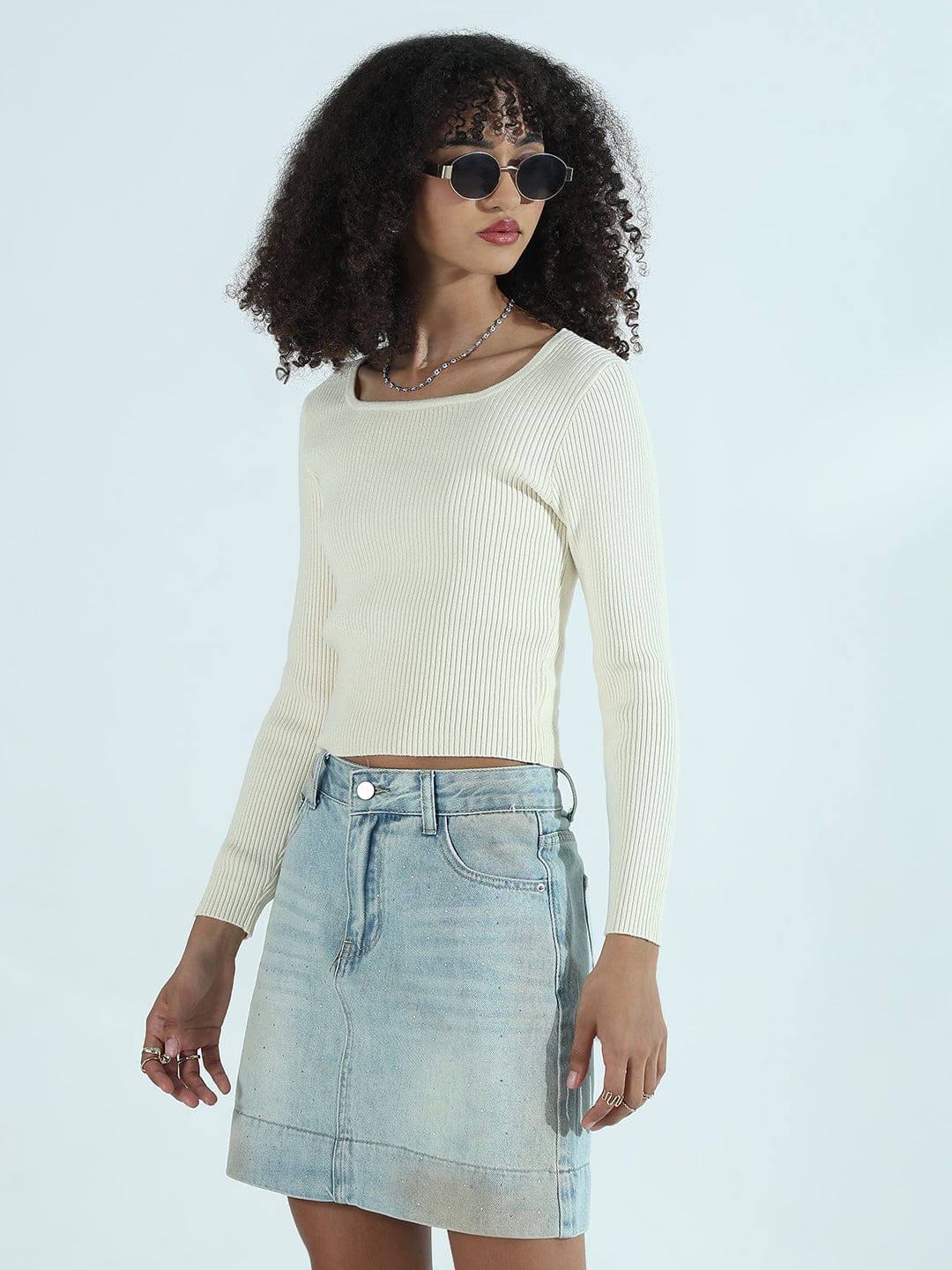 Women's Ribbed Cream Round Neck Fitted Top