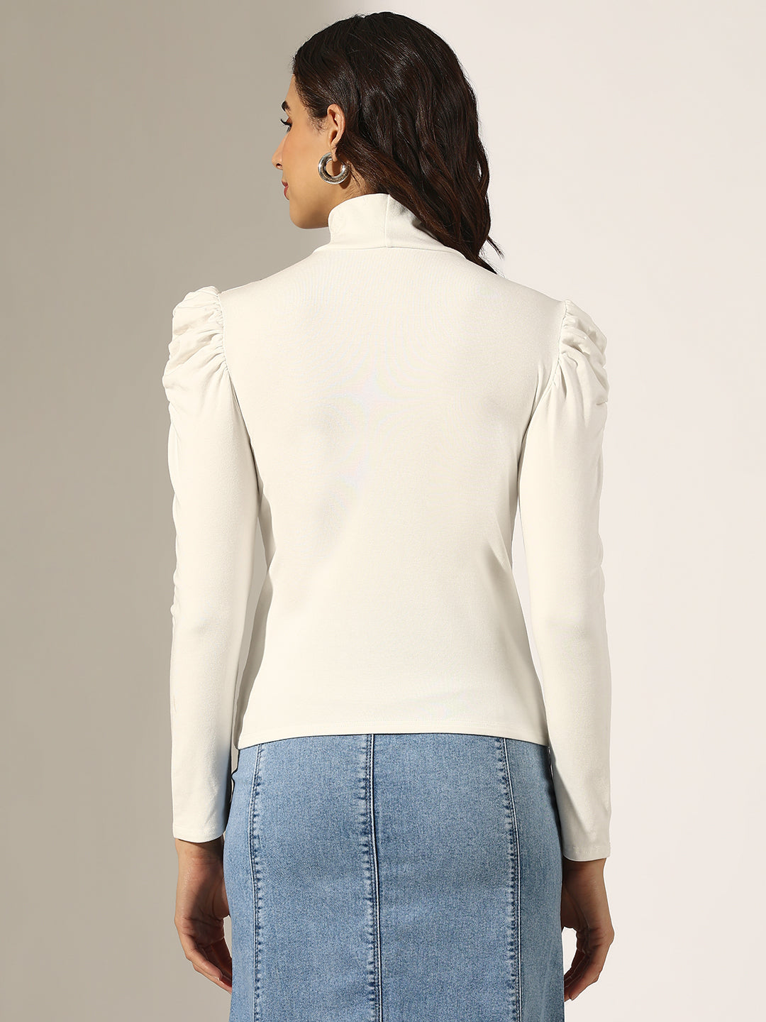 Women's White Puff Sleeve High Neck Top with Embellished Shoulder