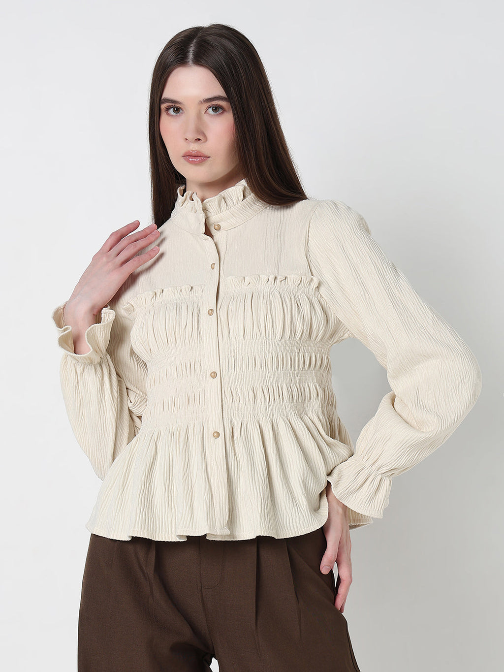 Women's Cream Ruffle Neck Peplum Top
