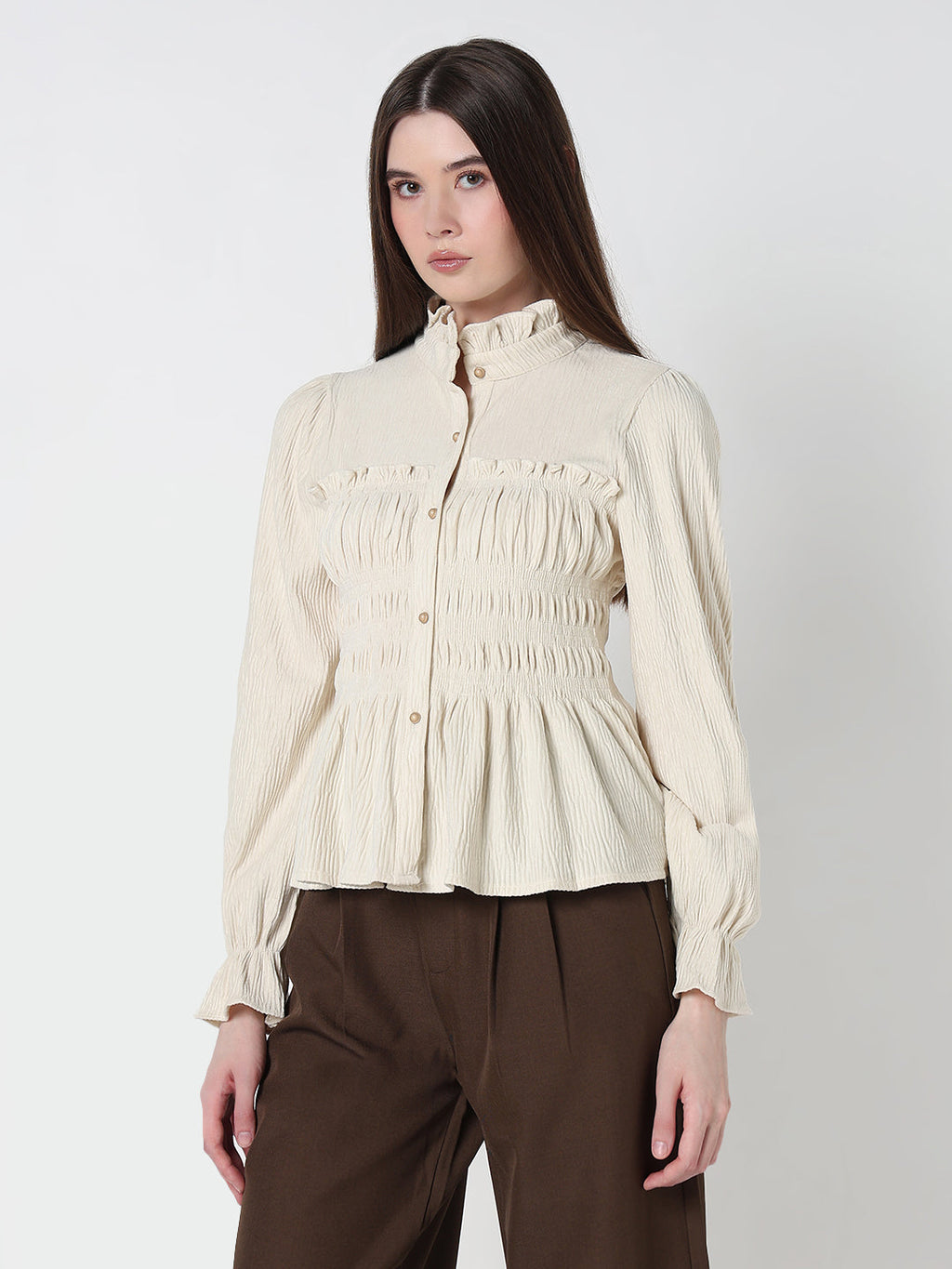 Women's Cream Ruffle Neck Peplum Top