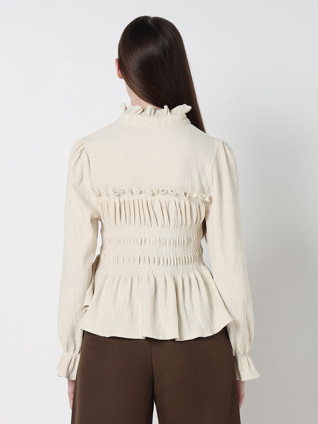 Women's Cream Ruffle Neck Peplum Top