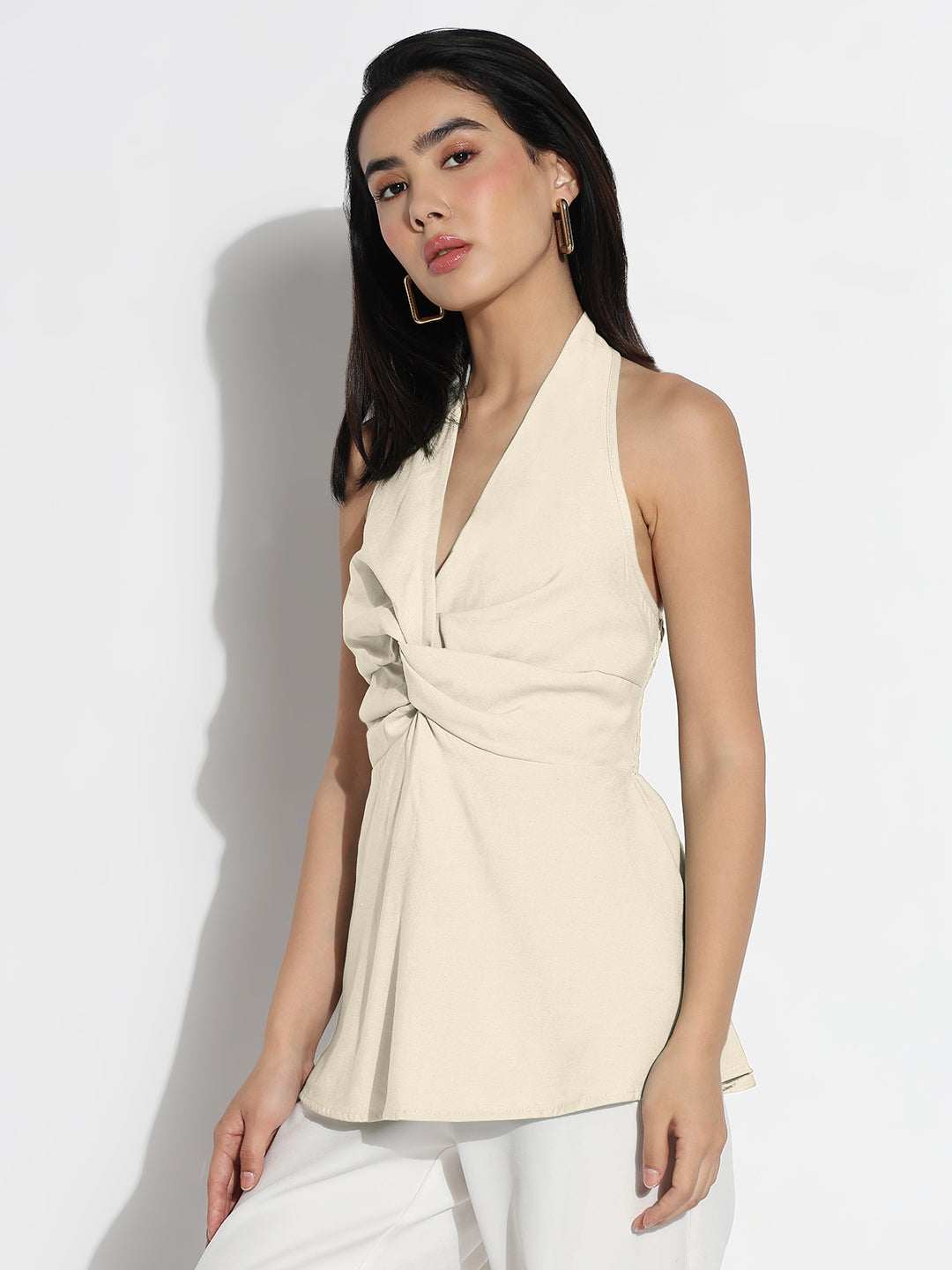 Women's Draped Cream Halter Neck Sleeveless Peplum Top with Smocked Back