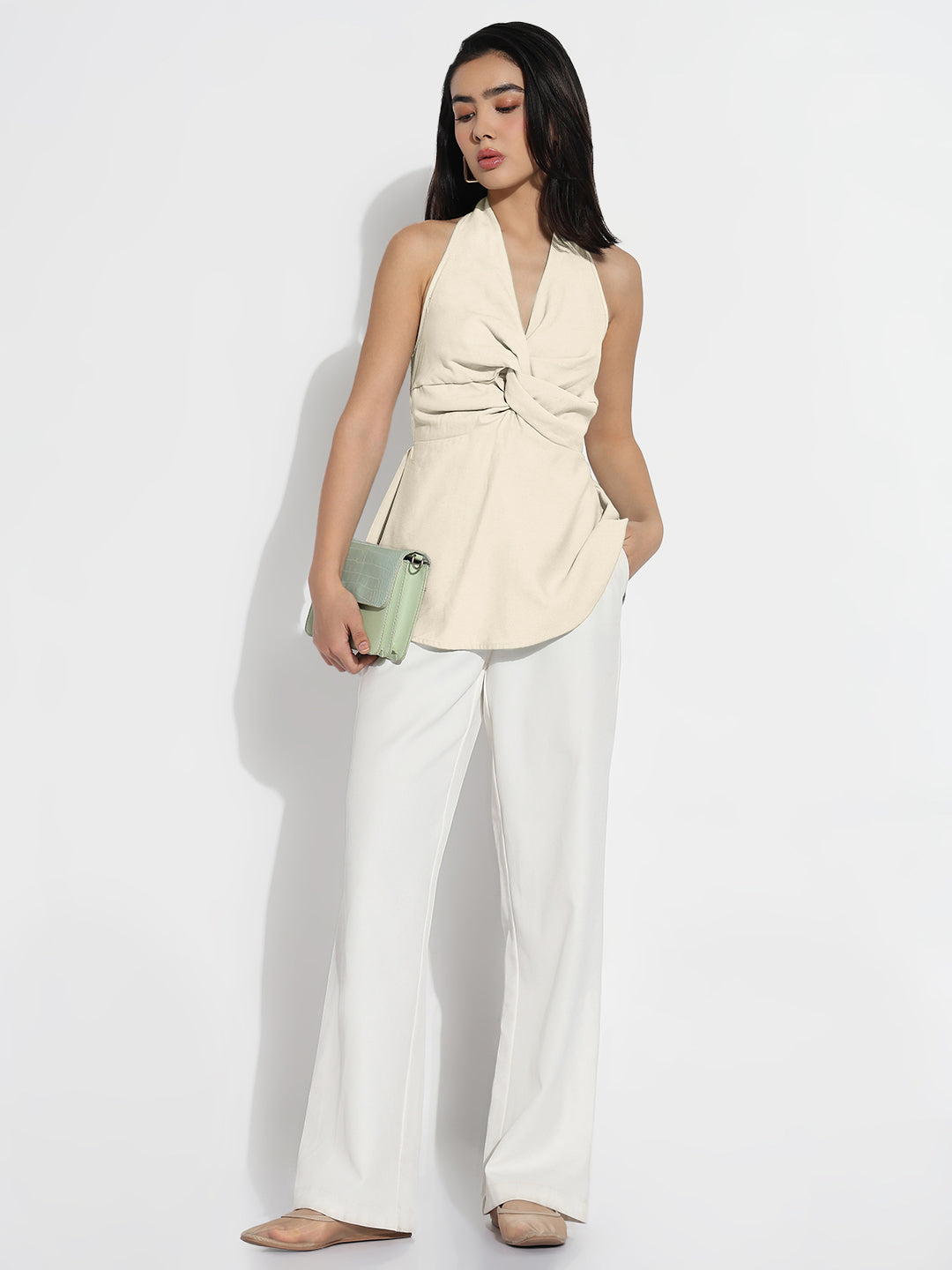 Women's Draped Cream Halter Neck Sleeveless Peplum Top with Smocked Back