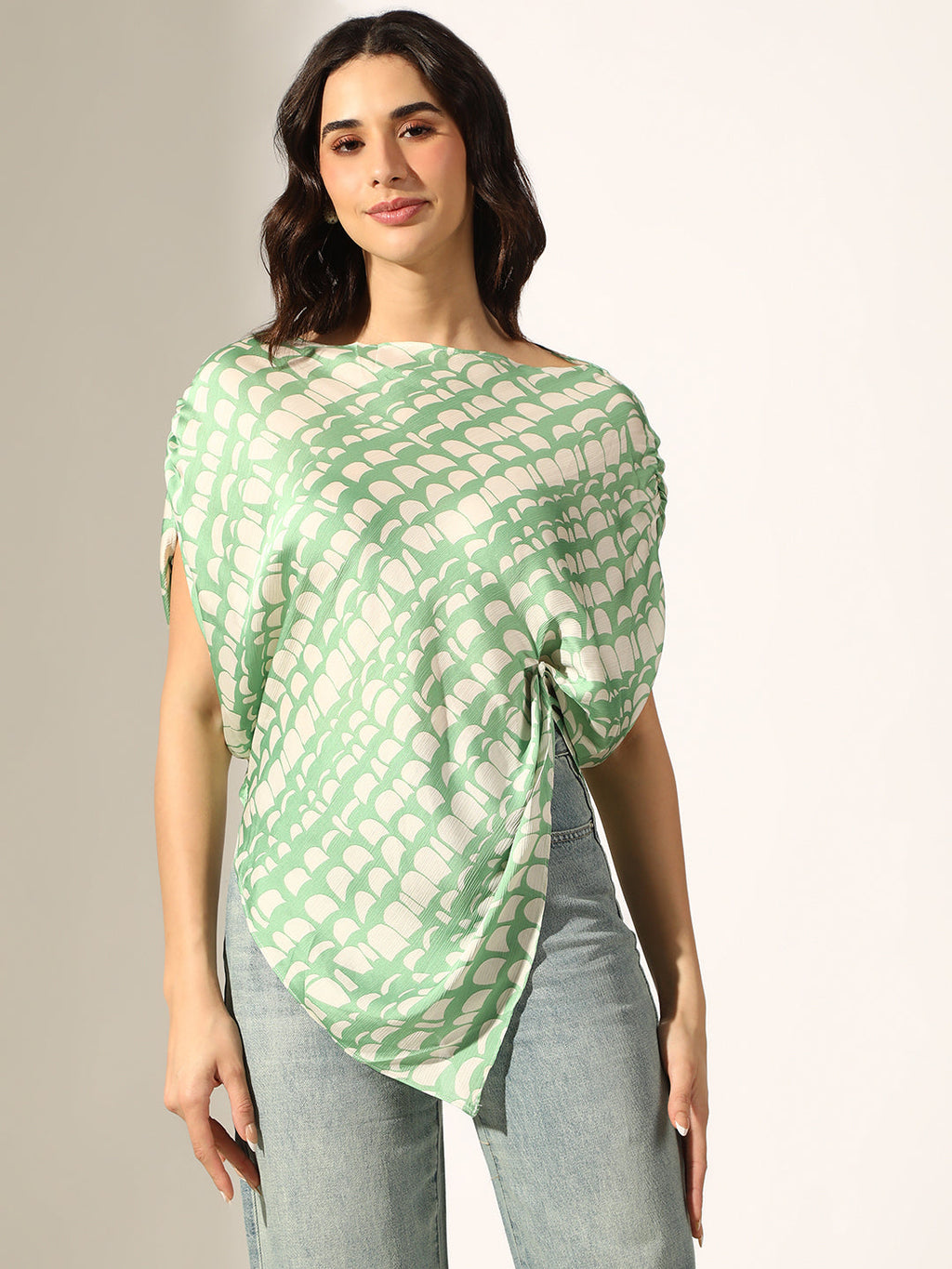 Women's Abstract Print Green Asymmetrical Hem Drape Top