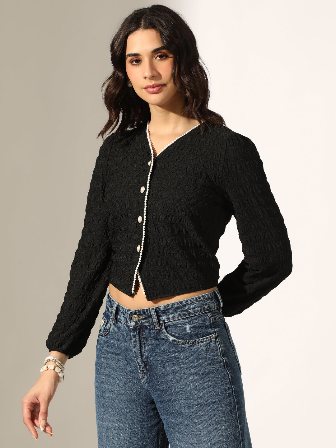 Women's Textured Black Short Top with Pearl Button Detailing