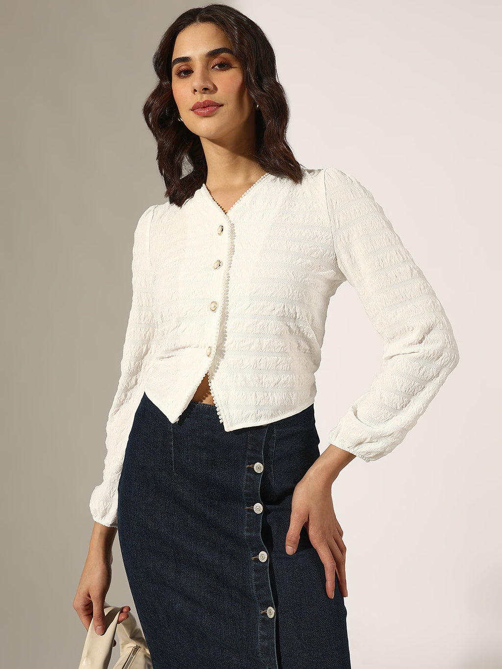 Women's Textured White V-Neck Top with Pearl Buttons