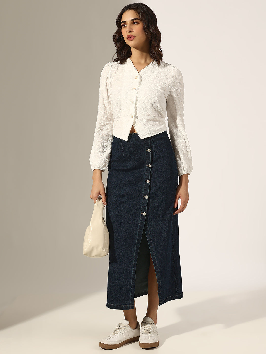 Women's Textured White V-Neck Top with Pearl Buttons