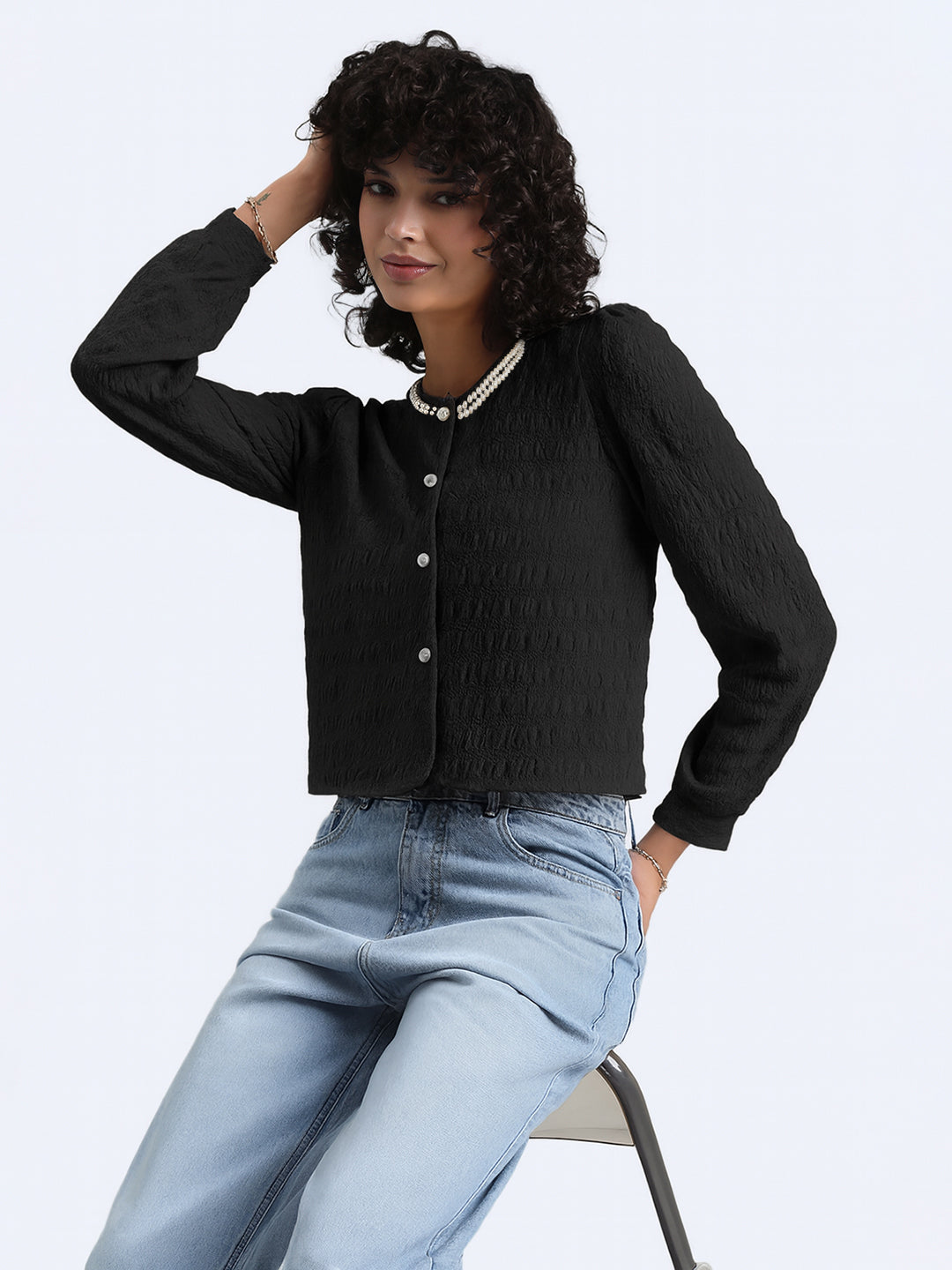 Women's Black Textured Top with Pearl Detail