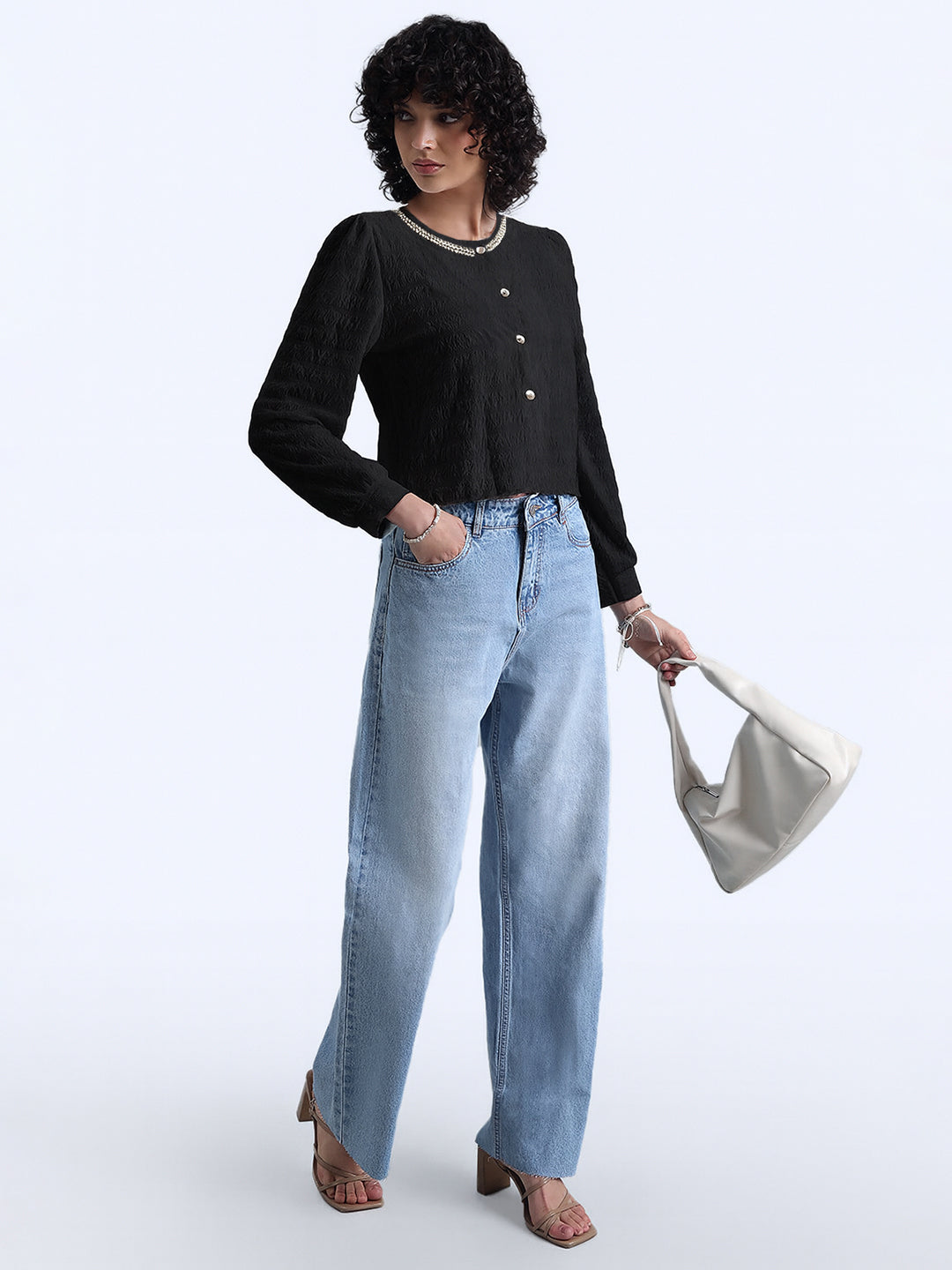 Women's Black Textured Top with Pearl Detail