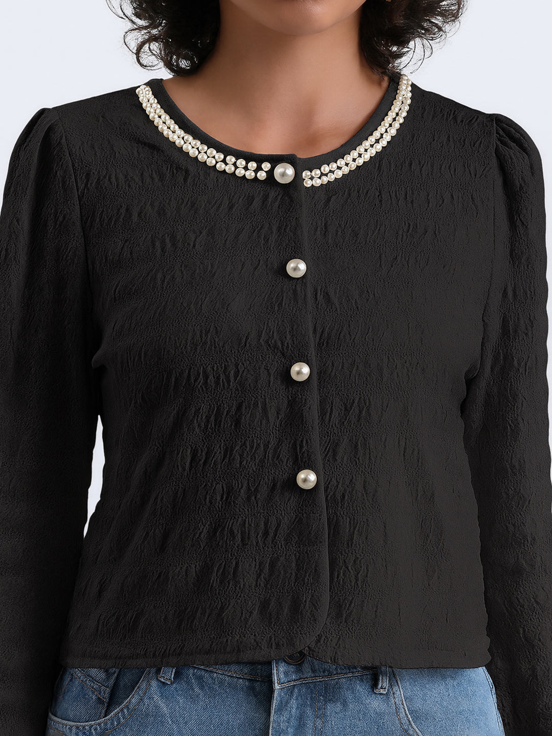 Women's Black Textured Top with Pearl Detail