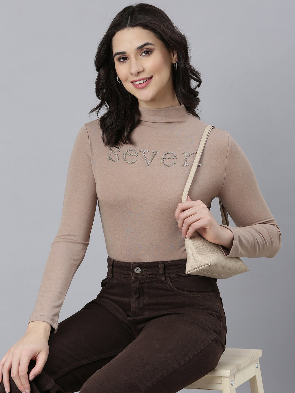 Women's Beige Studded High Neck Top