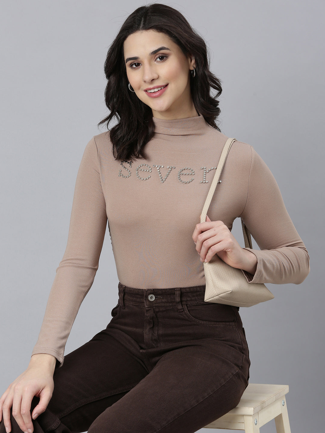 Women's Beige Studded High Neck Top