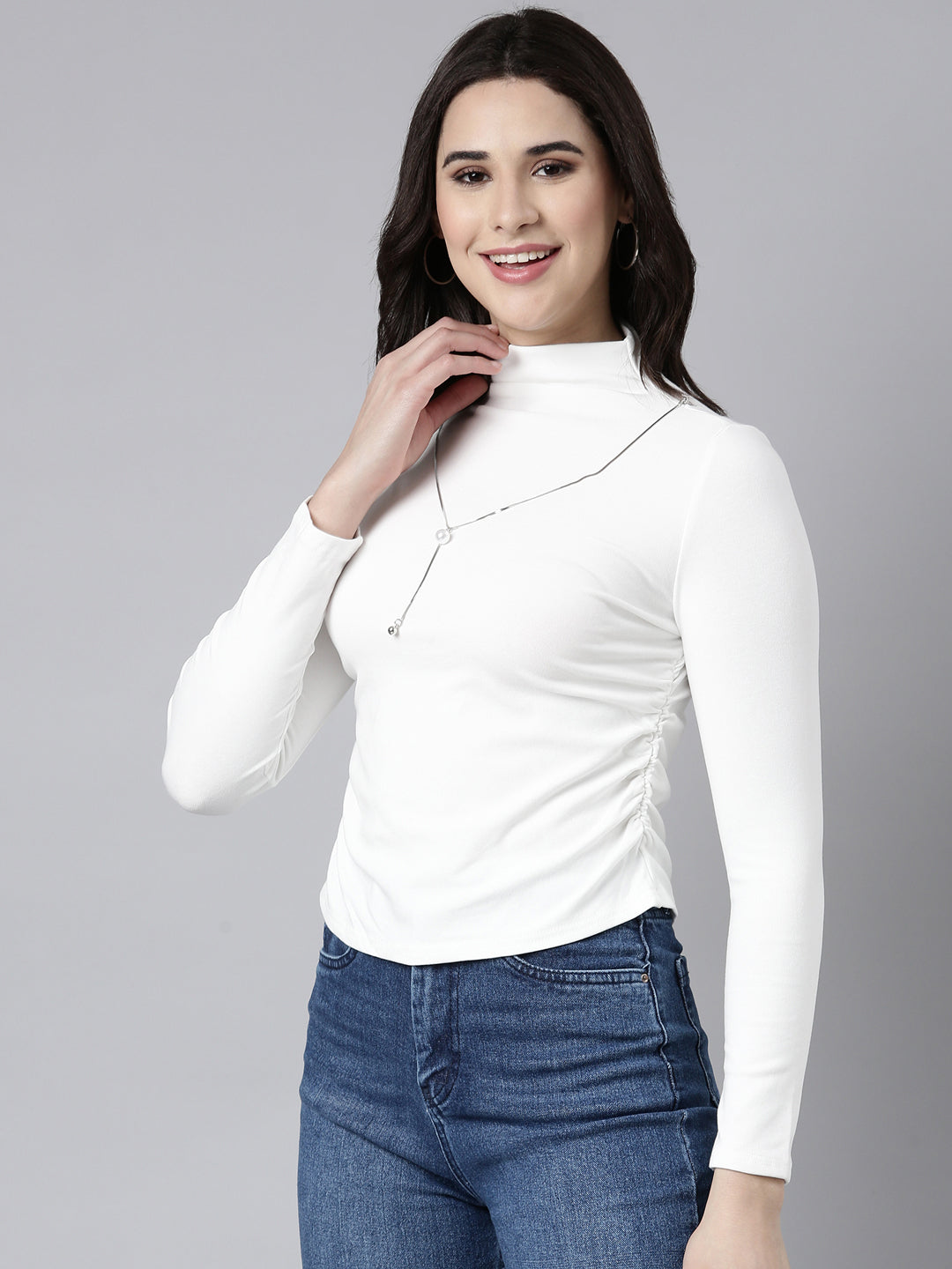 Women's Solid Off White Fitted Top Comes with Neck Chain
