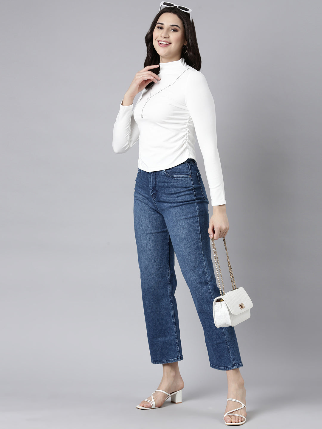 Women's Solid Off White Fitted Top Comes with Neck Chain