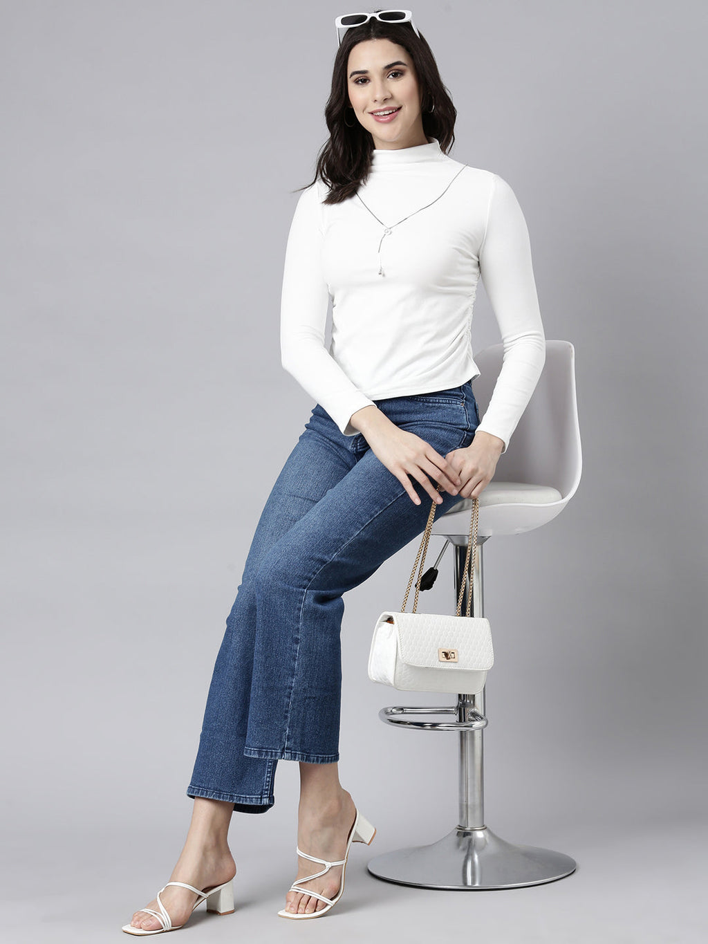 Women's Solid Off White Fitted Top Comes with Neck Chain