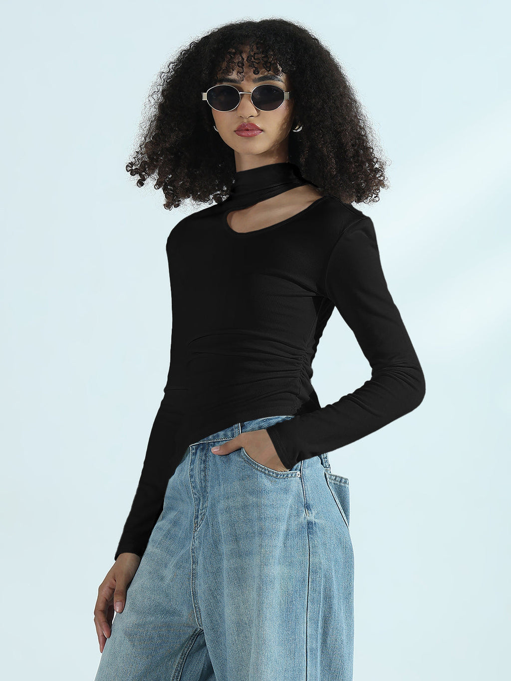 Women's Black Cut-Out High Neck Asymmetric Top