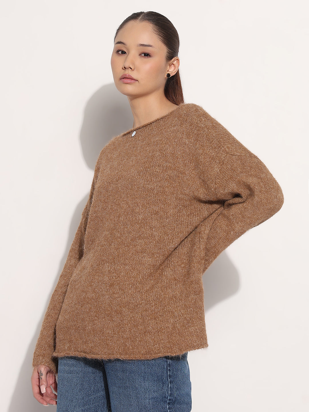 Women's Knitted Brown Oversized Pullover Top